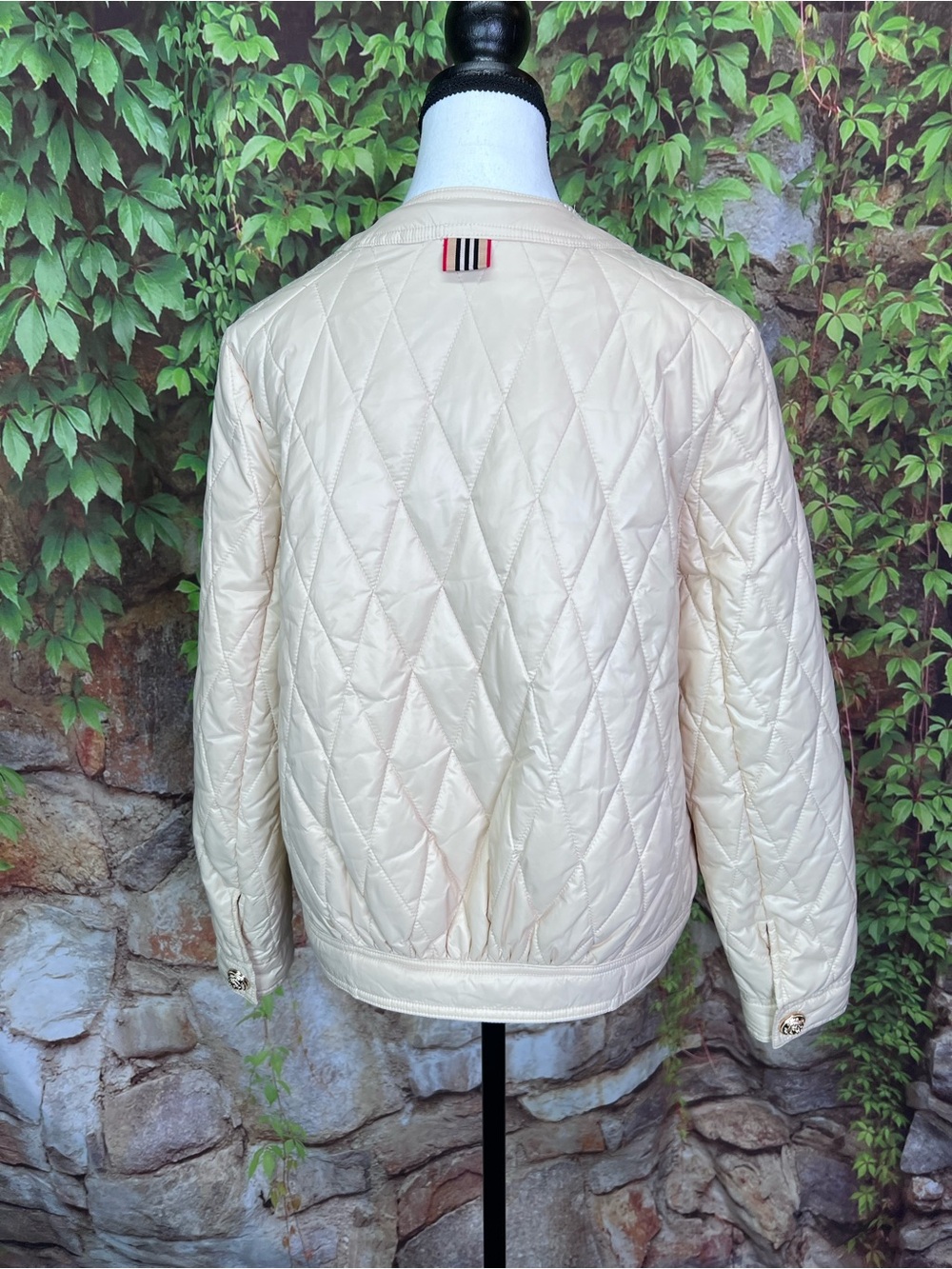 JOH Cream Quilted Quiet Luxury Old Money Quilted Button Front Bomber Jacket, S - Picture 9 of 14
